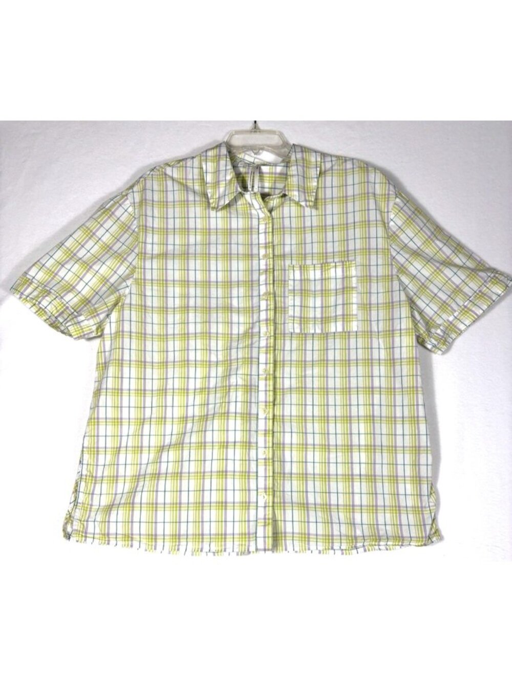 Anthropologie Button Down Women L Boxy Oversized Plaid Cotton Short Sleeve Top